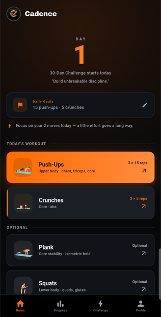 Cadence home screen showing Day 1 of the 30-day challenge and today's workout.