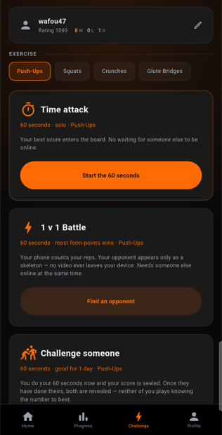 Cadence challenge hub, where duels and async challenges are started.