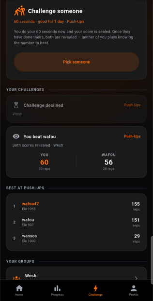 Cadence challenge result reveal, comparing both athletes' scores.