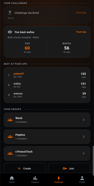 Cadence leaderboard ranking players per exercise.